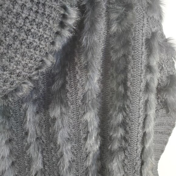 Neiman Marcus Cowl-Neck Fur-Stripe Pullover Poncho Sweater, Black - Picture 2 of 3